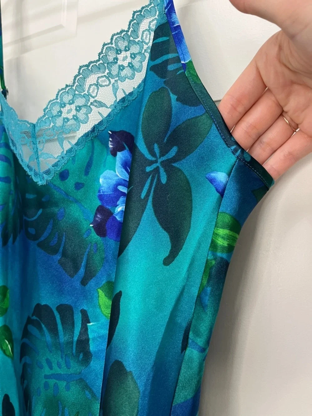 Y2K Tropical Floral & Monstera Leaf Print Satin Slip Dress - Size Large